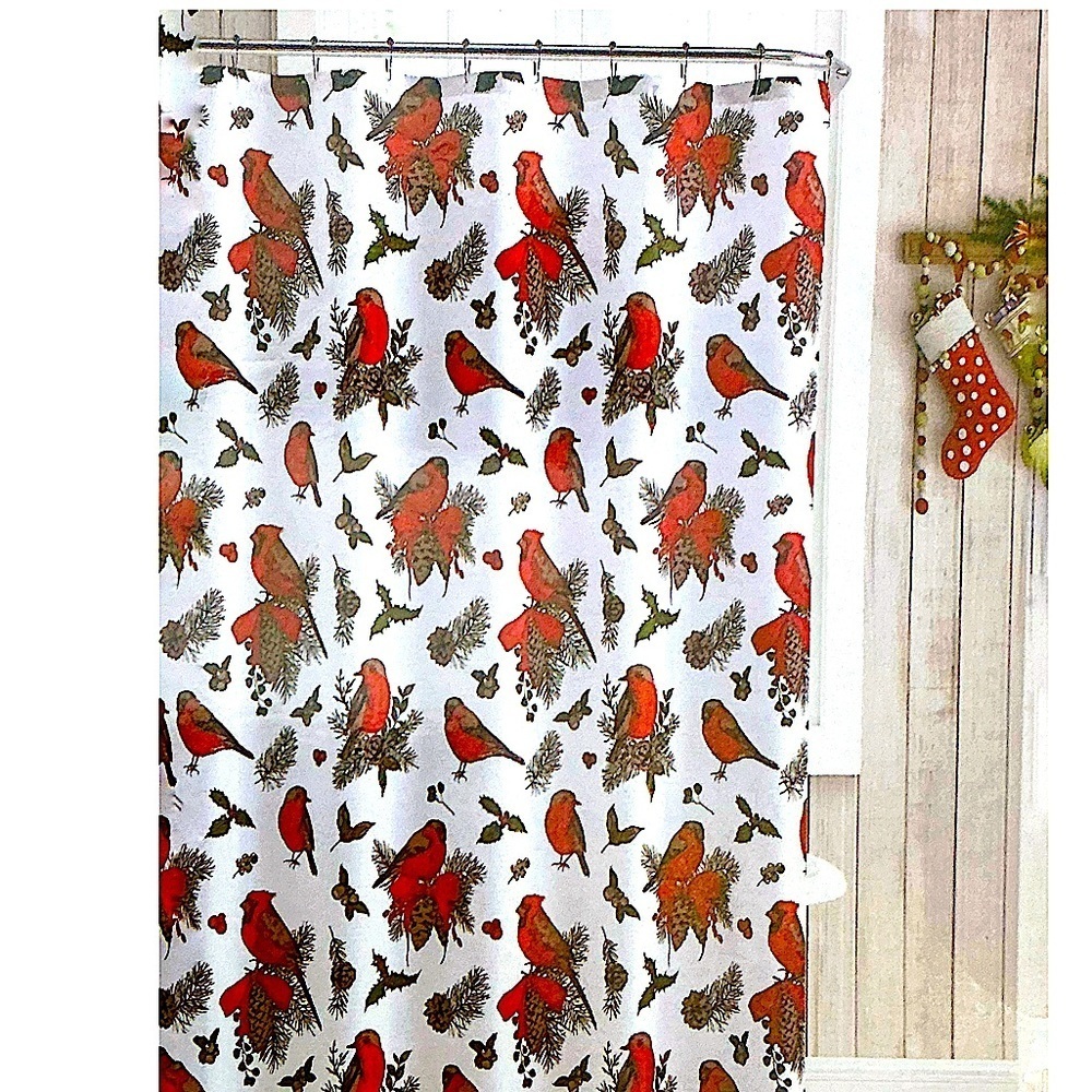 Christmas Cardinals Birds Winter Holiday Fabric Shower Curtain White Red 70 x 72
